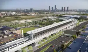 Aerial view of Thorncliffe Park Ontario Line train station with major street in front (Overlea Blvd) and Leaside neighbourhood in background on left