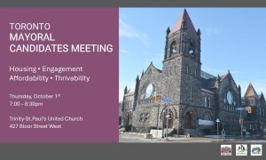 Mayoral debate announcement with photo of grey stone church against blue sky