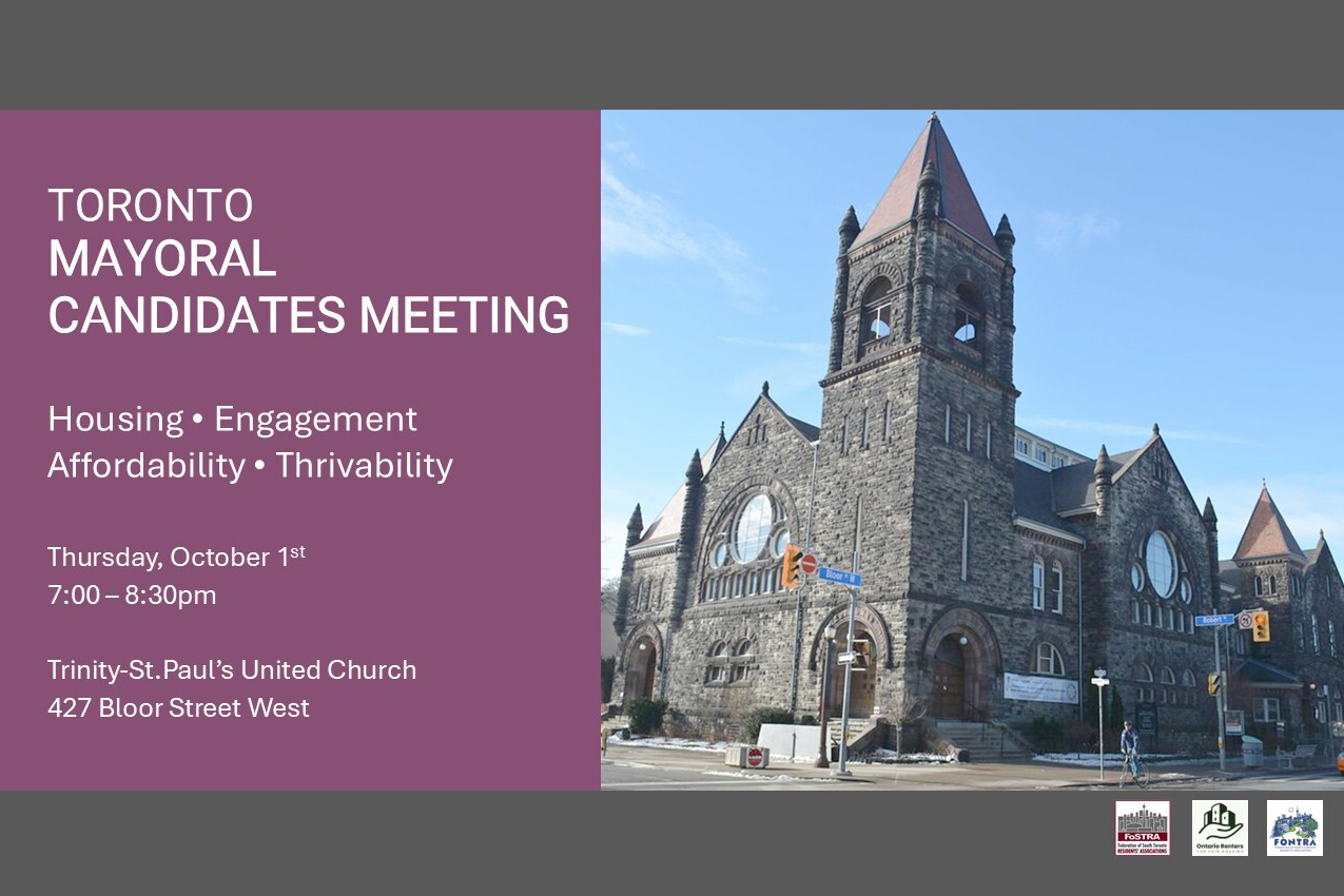 Mayoral debate announcement with photo of grey stone church against blue sky